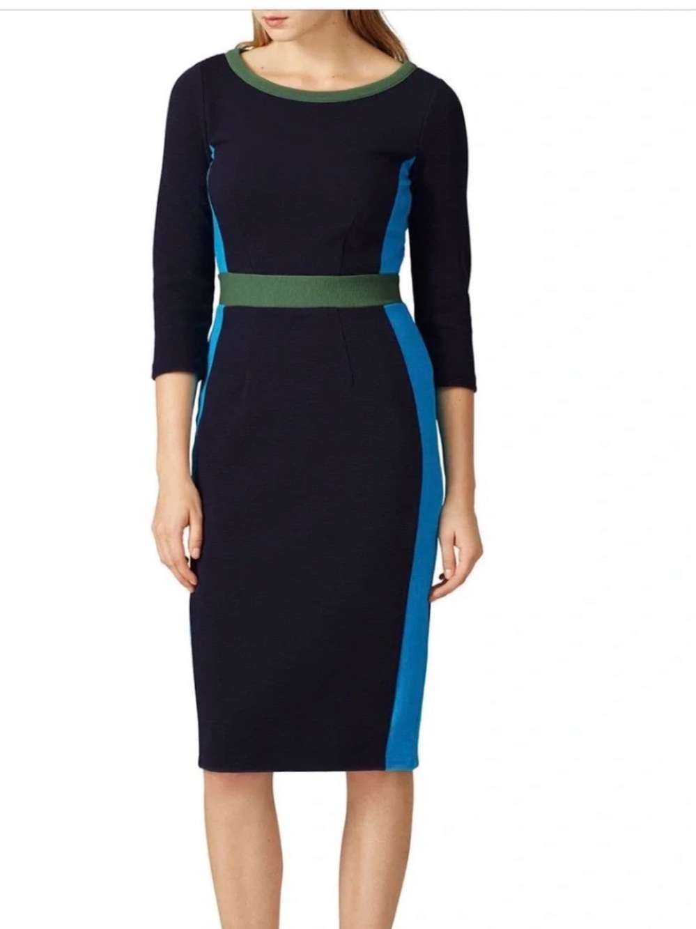 Boden Leah Ottoman Sheath Dress 4P Navy Blue Green Colorblock 3/4 Sleeve Petite